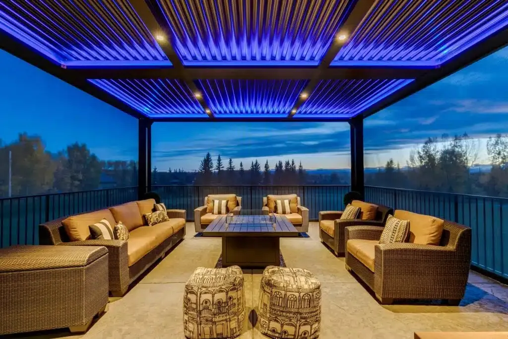 Louvered pergola with fire pit