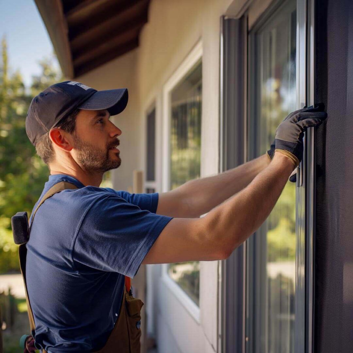 Technician repairing retractable screen door